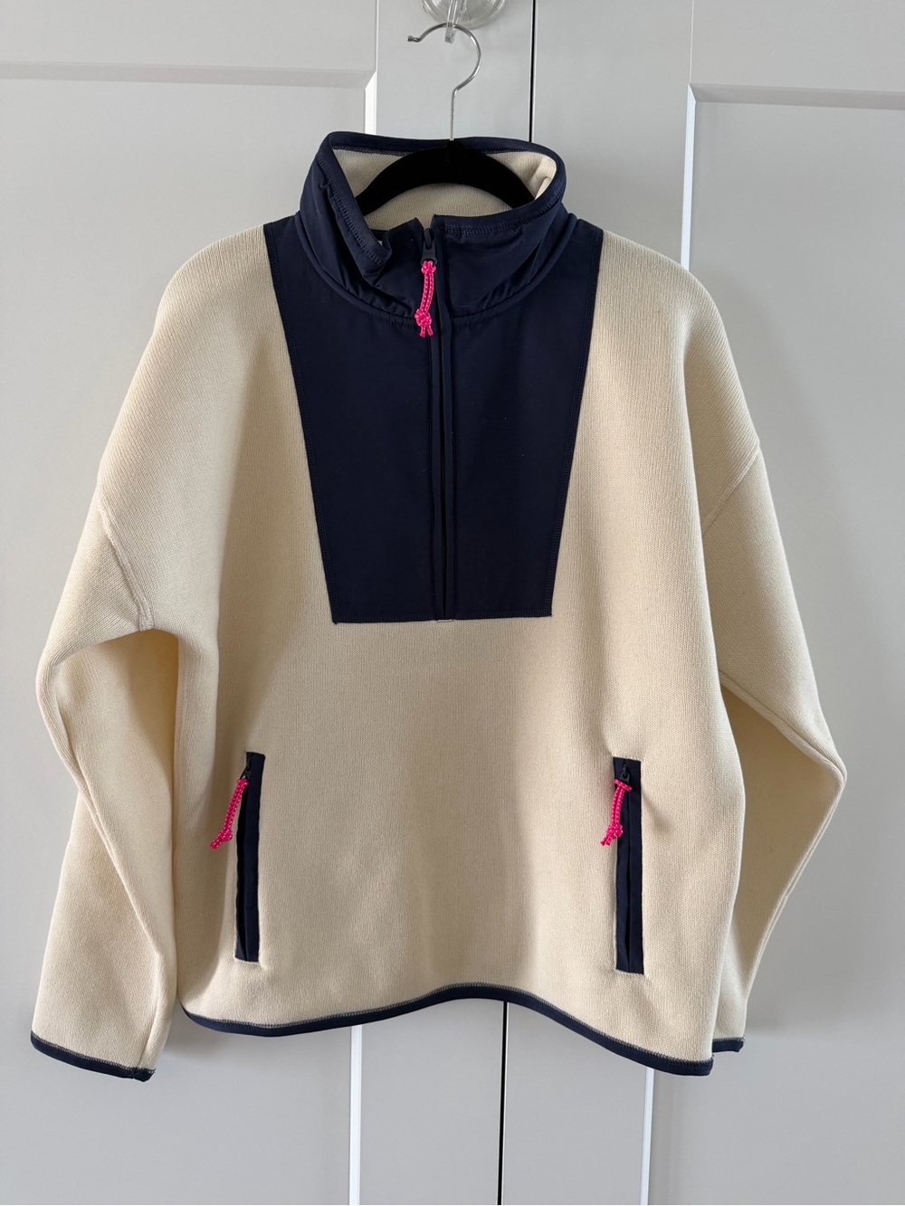 Fun and Cozy J. Crew Cream and Navy Half-Zip Pullover Hoodie with Pink Accents